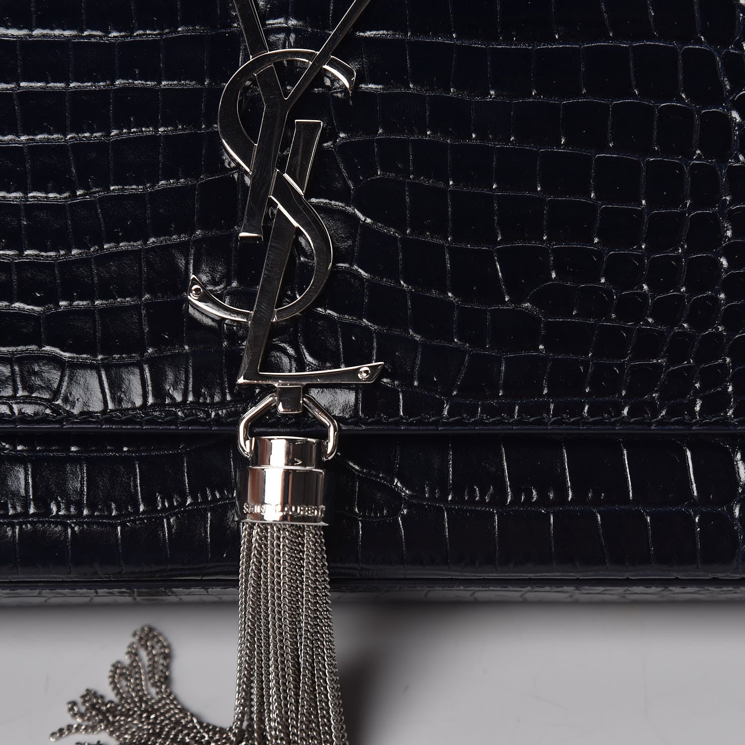 Saint Laurent Calfskin Crocodile Embossed Medium Classic Monogram Kate Tassel Satchel Blue Sapphire 9 of 9