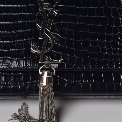 Saint Laurent Calfskin Crocodile Embossed Medium Classic Monogram Kate Tassel Satchel Blue Sapphire 9 of 9