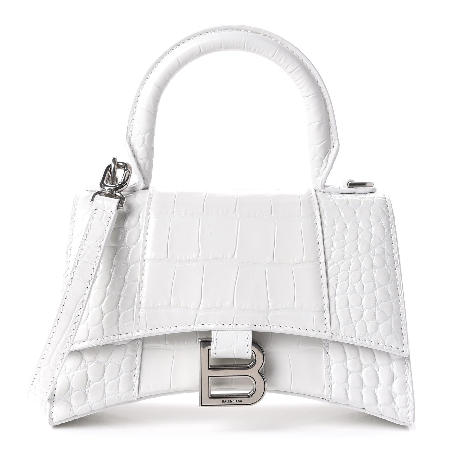 Balenciaga Shiny Calfskin Crocodile Embossed Hourglass Top Handle Bag XS White 1 of 10