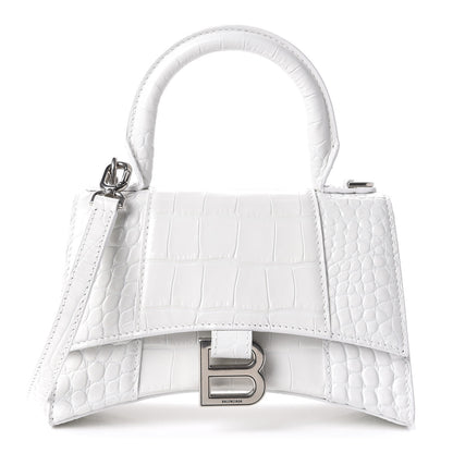 Balenciaga Shiny Calfskin Crocodile Embossed Hourglass Top Handle Bag XS White 1 of 10