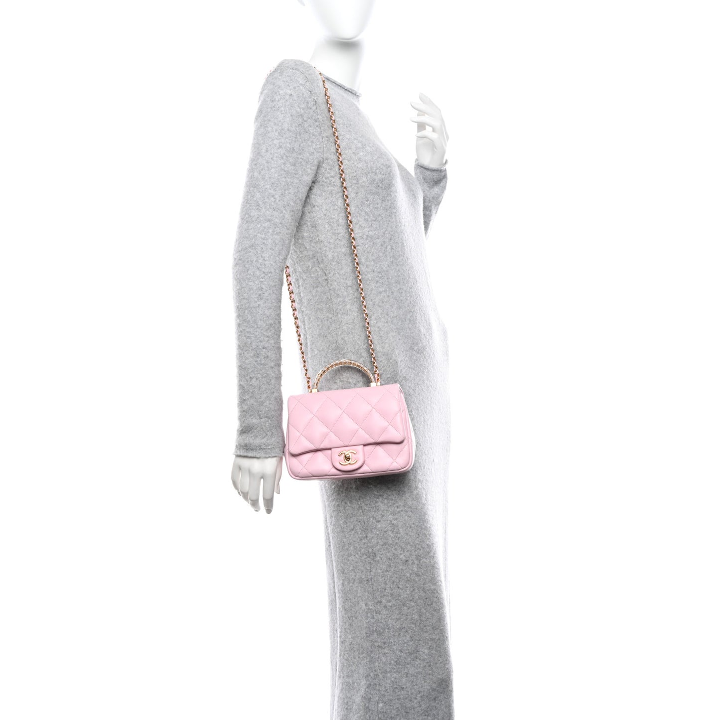 Lambskin Resin Quilted Top Handle Flap Light Pink