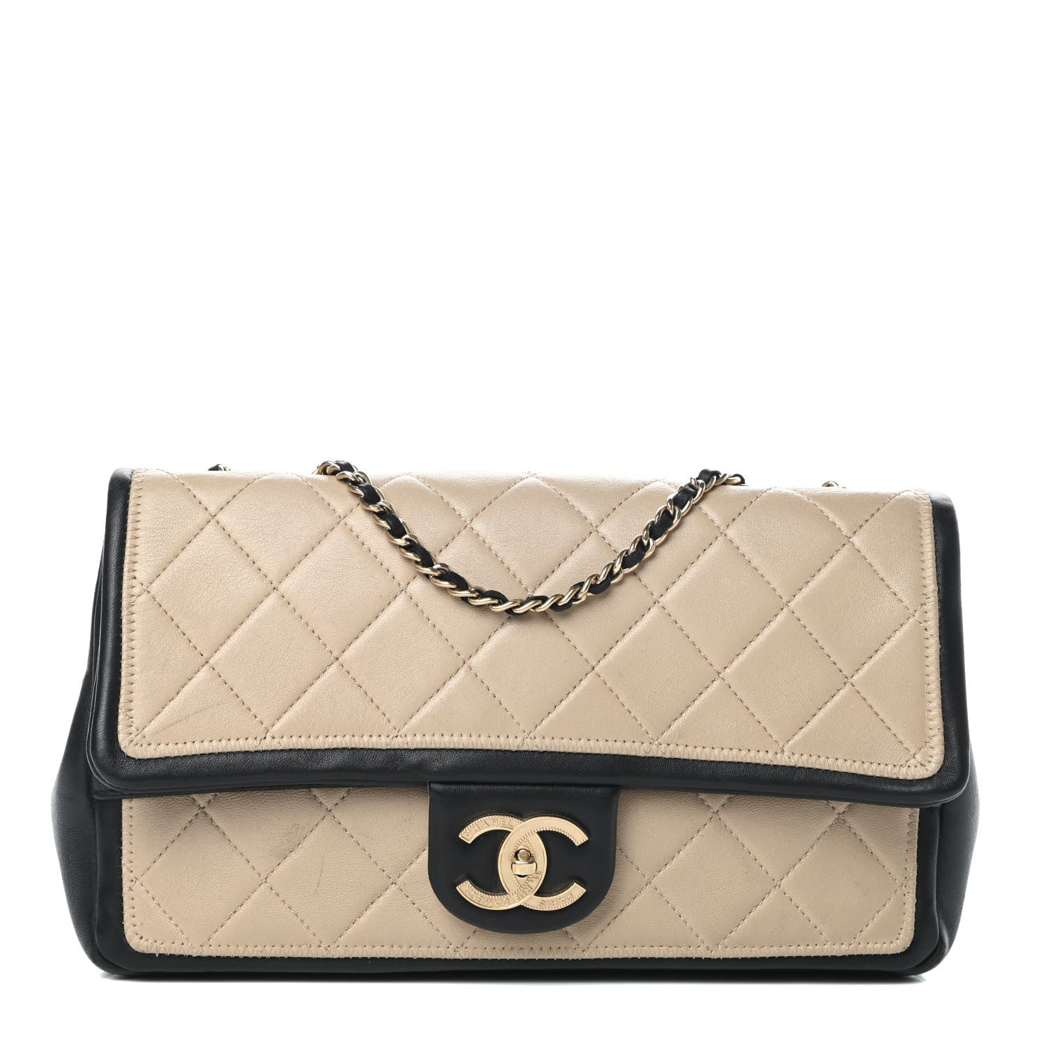 Chanel Calfskin Quilted Medium Graphic Flap Beige Black 1 of 15