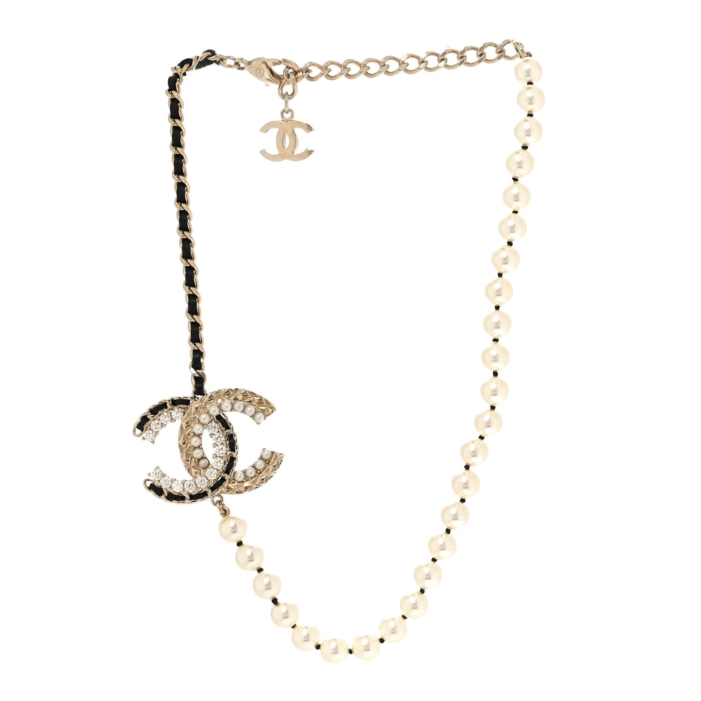 Lambskin Pearl Crystal CC Short Necklace Gold White Black
