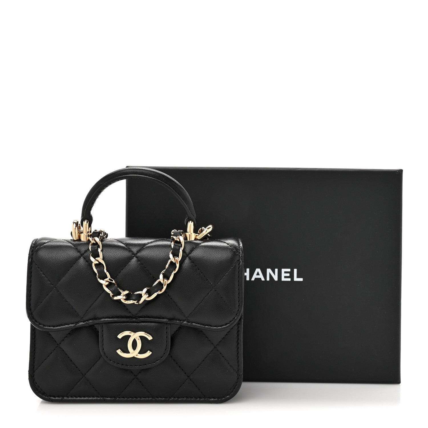 Chanel Lambskin Quilted Top Handle Flap Coin Purse With Chain Black 13 of 13