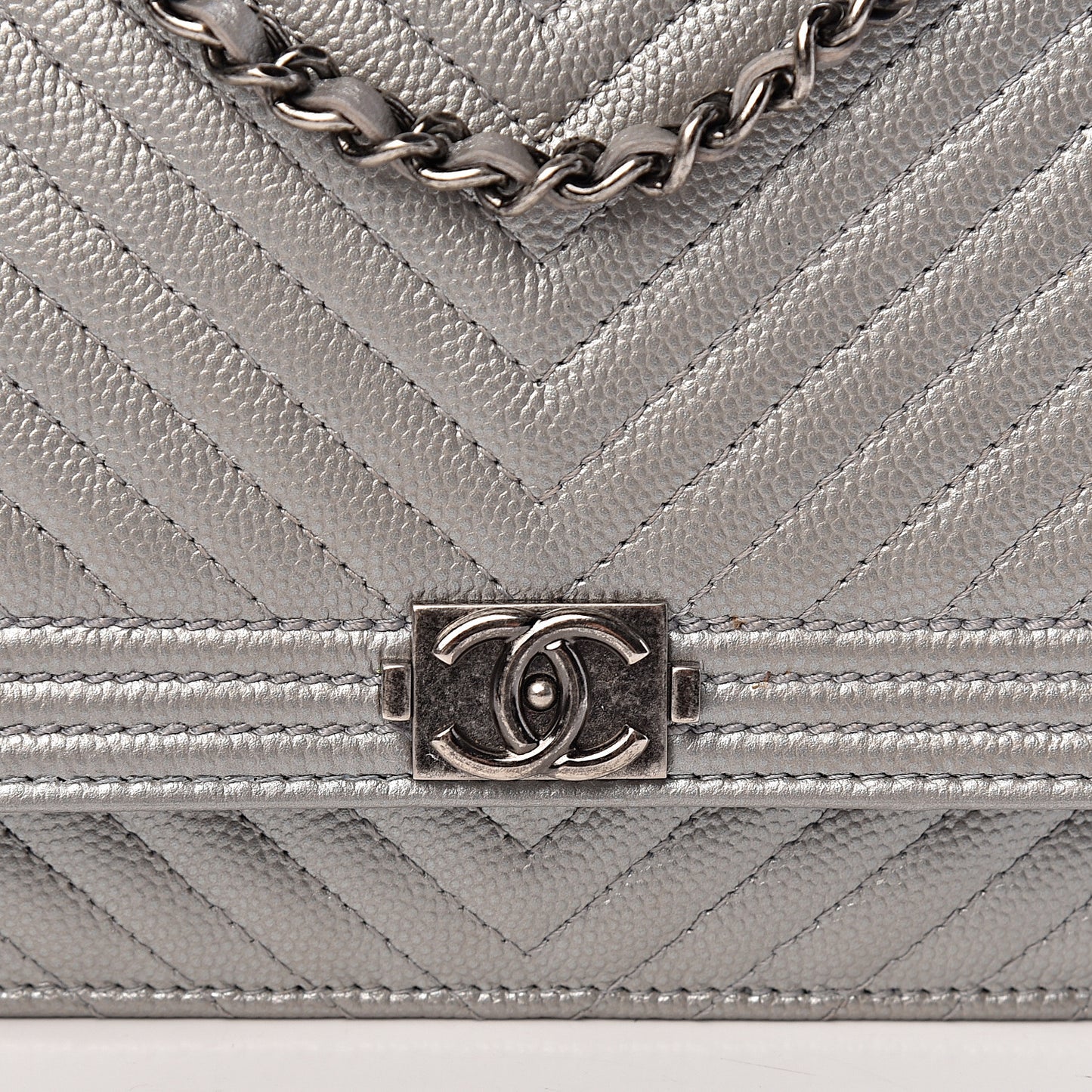 Metallic Caviar Chevron Quilted Boy Wallet On Chain WOC Silver