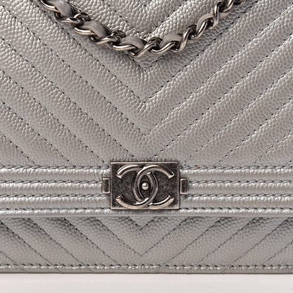 Chanel Metallic Caviar Chevron Quilted Boy Wallet On Chain WOC Silver 8 of 10