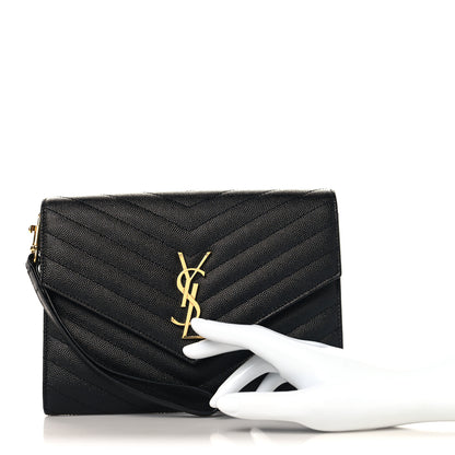Saint Laurent Grain De Poudre Matelasse Chevron Monogram Envelope Clutch Black 2 of 7