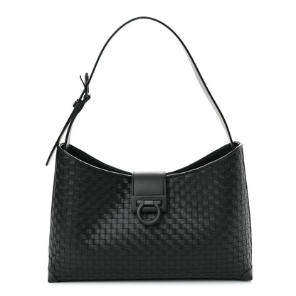 Salvatore Ferragamo Calfskin Intreccio Trifolio Shoulder Bag Black 1 of 9