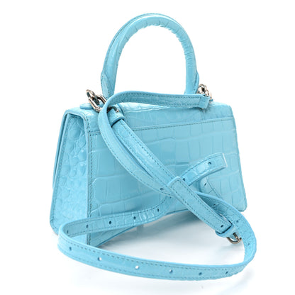 Balenciaga Shiny Calfskin Crocodile Embossed Hourglass Top Handle Bag XS Azur 3 of 11