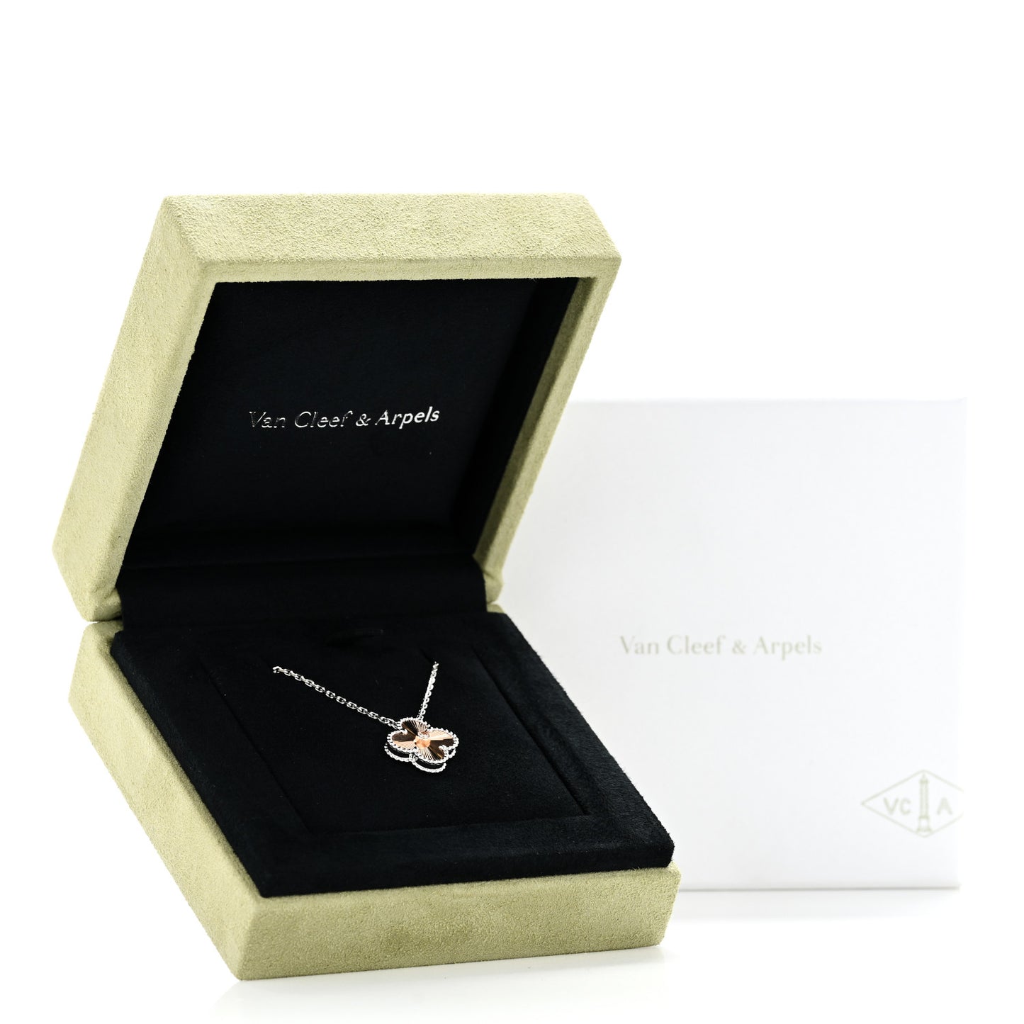 18K White Rose Gold Diamond Guilloche Vintage Alhambra Pendant Necklace
