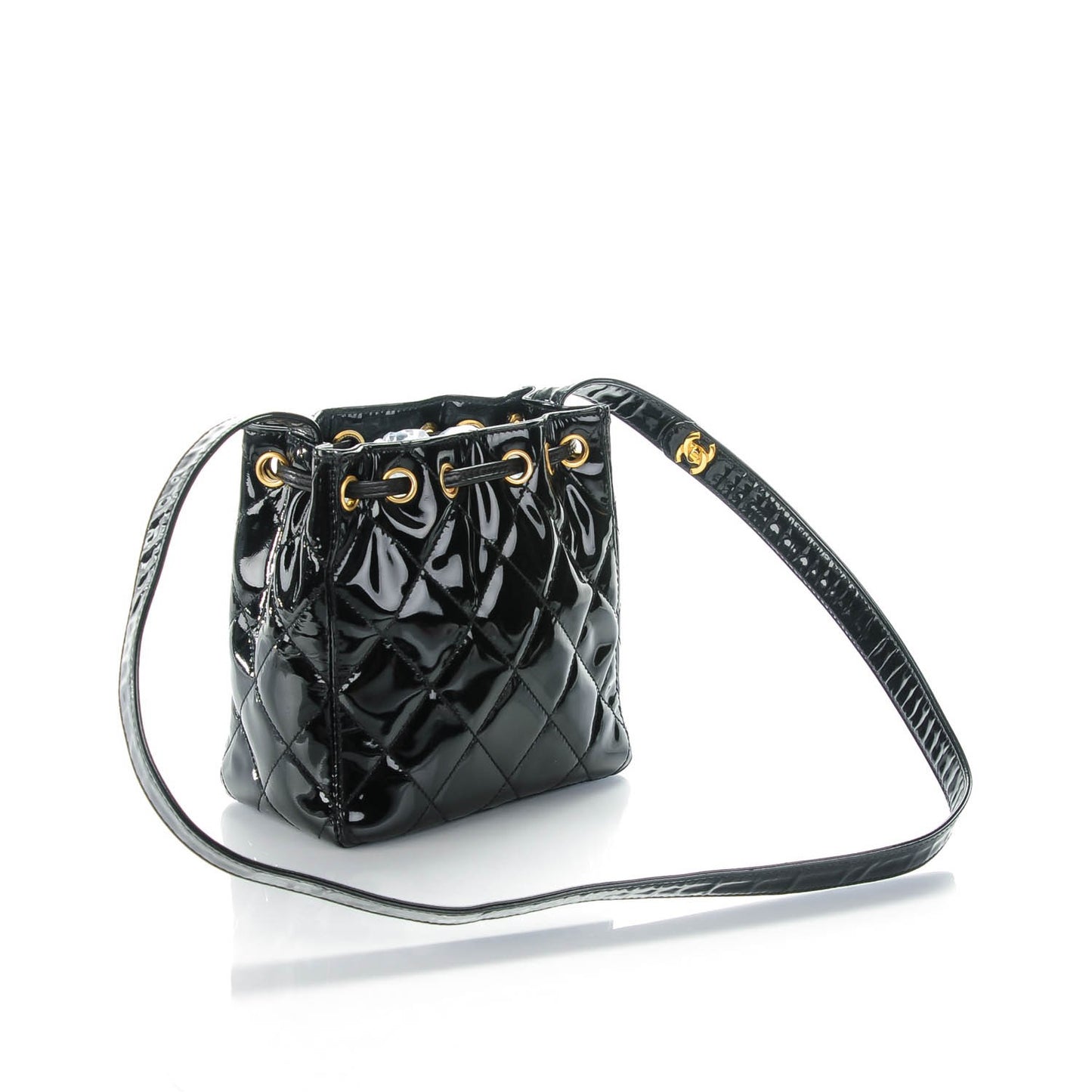 Patent Quilted Drawstring Shoulder Bag Black