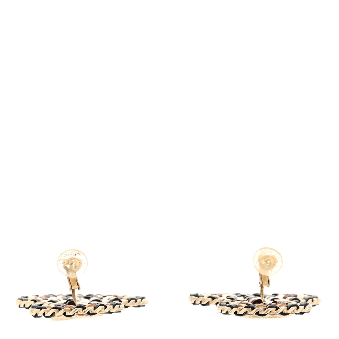Lambskin Leather Medals CC Drop Clip On Earrings Black Beige Gold
