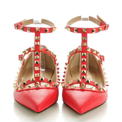 Valentino Garavani Pebbled Calfskin Rockstud Cage Ballerina Flats 36 Red 2 of 8