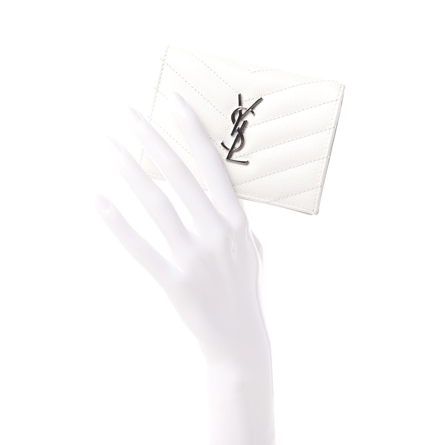 Saint Laurent Grain De Poudre Matelasse Chevron Monogram Card Case Blanc Optique 2 of 10