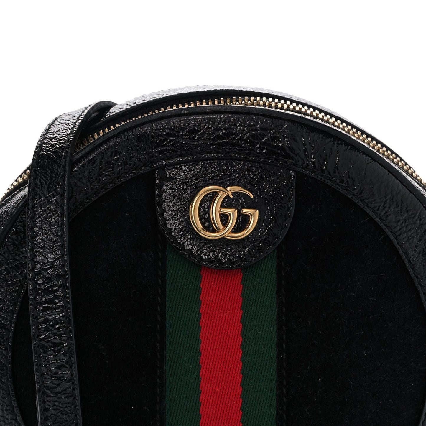 Suede Patent Web Mini Ophidia Round Shoulder Bag Black