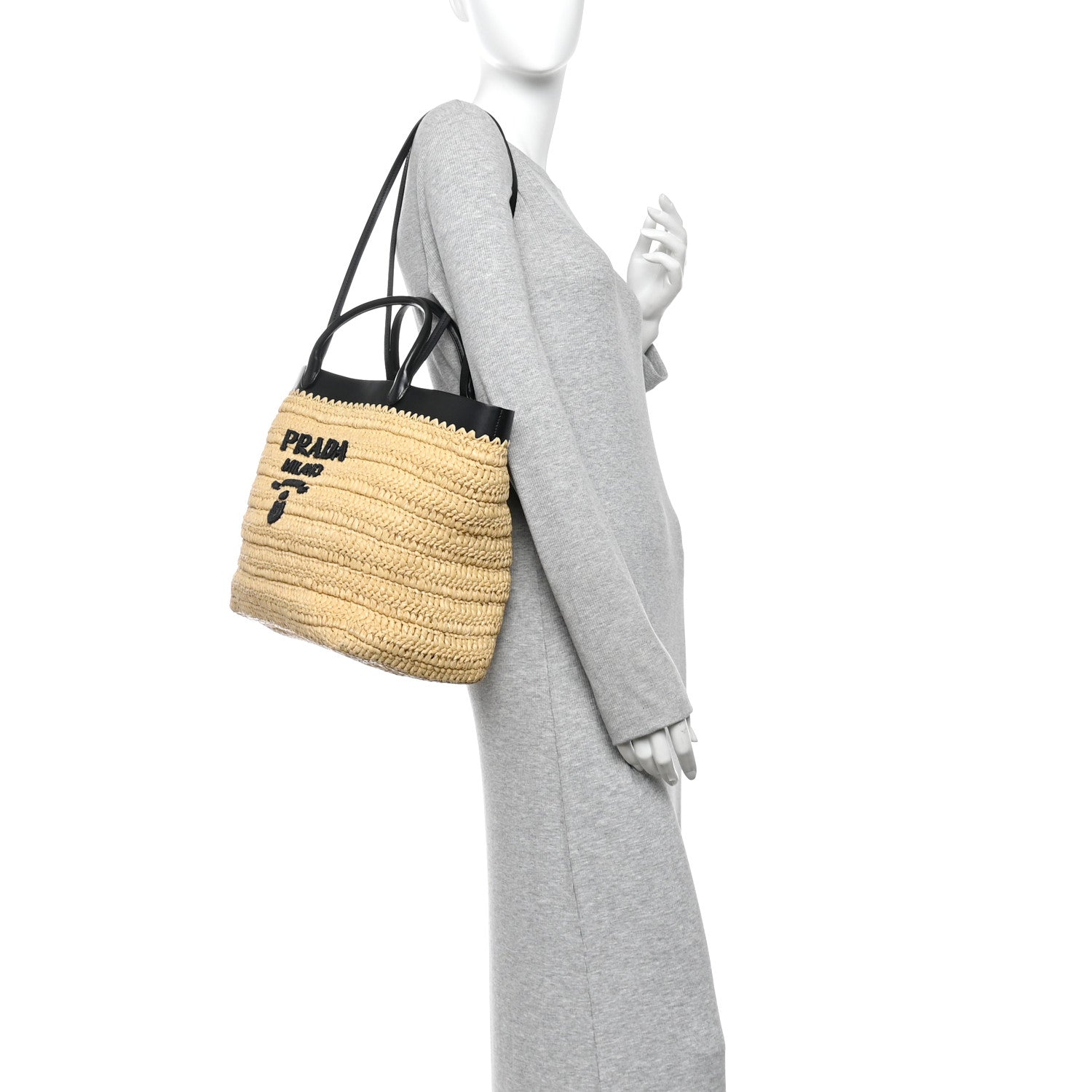 Prada Yarn Raffia Effect Calfskin Crochet Embroidered Logo Tote Tan Black 2 of 9