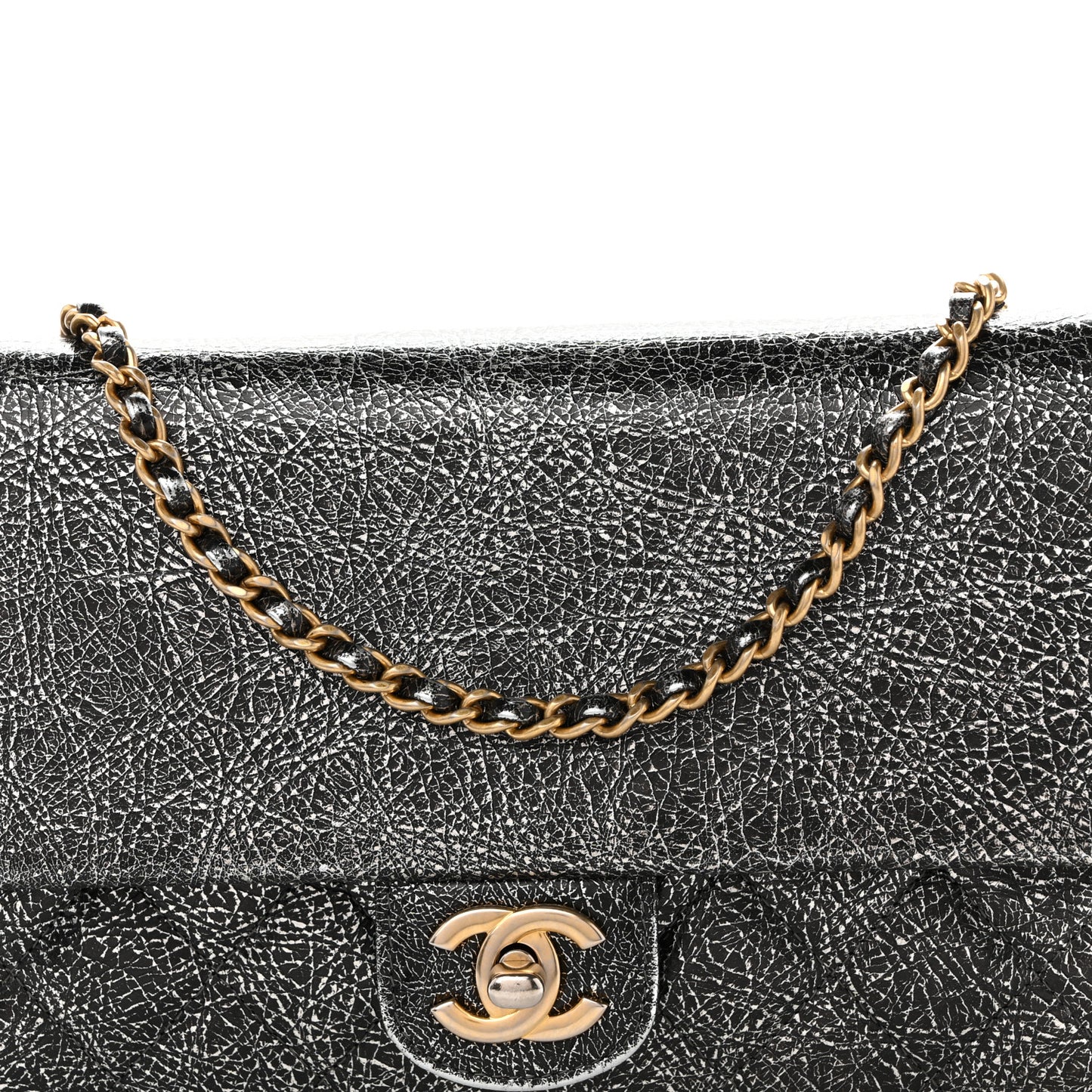 Cracked Metallic Calfskin Quilted Zip Away Chain Clutch Dark Silver