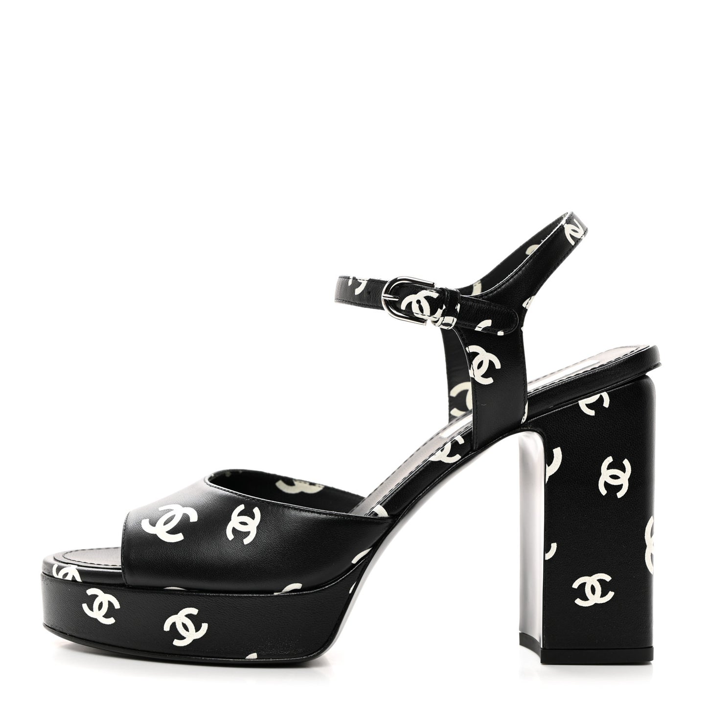 Printed Lambskin CC Platform Sandals 40 Black White