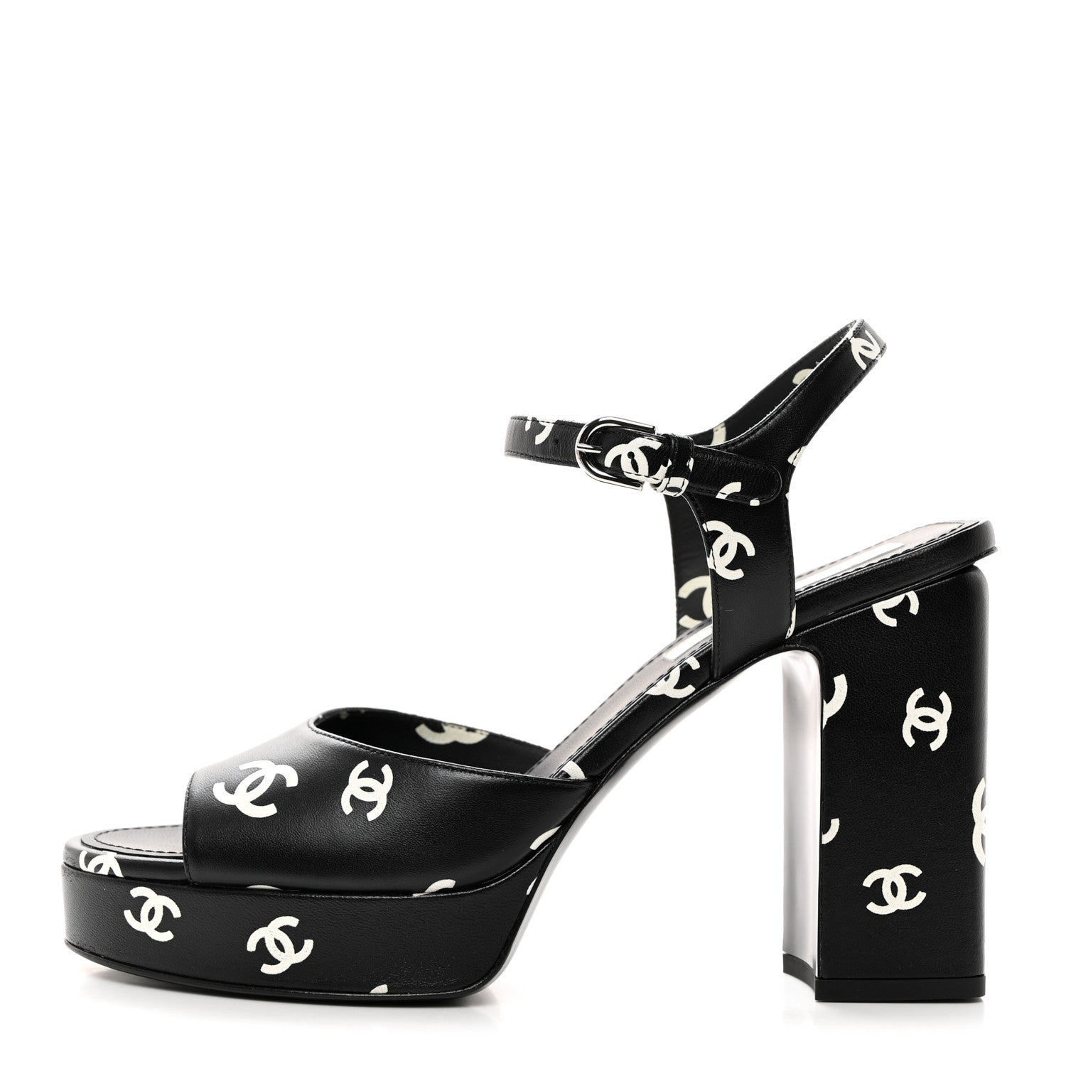 Chanel Printed Lambskin CC Platform Sandals 40 Black White 1 of 9