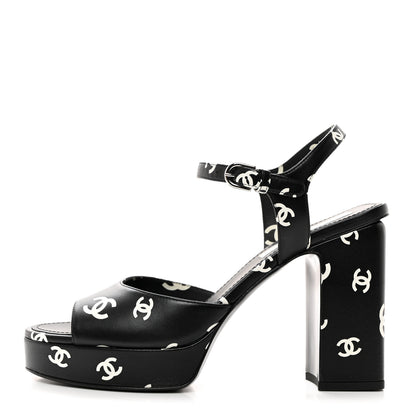 Chanel Printed Lambskin CC Platform Sandals 40 Black White 1 of 9