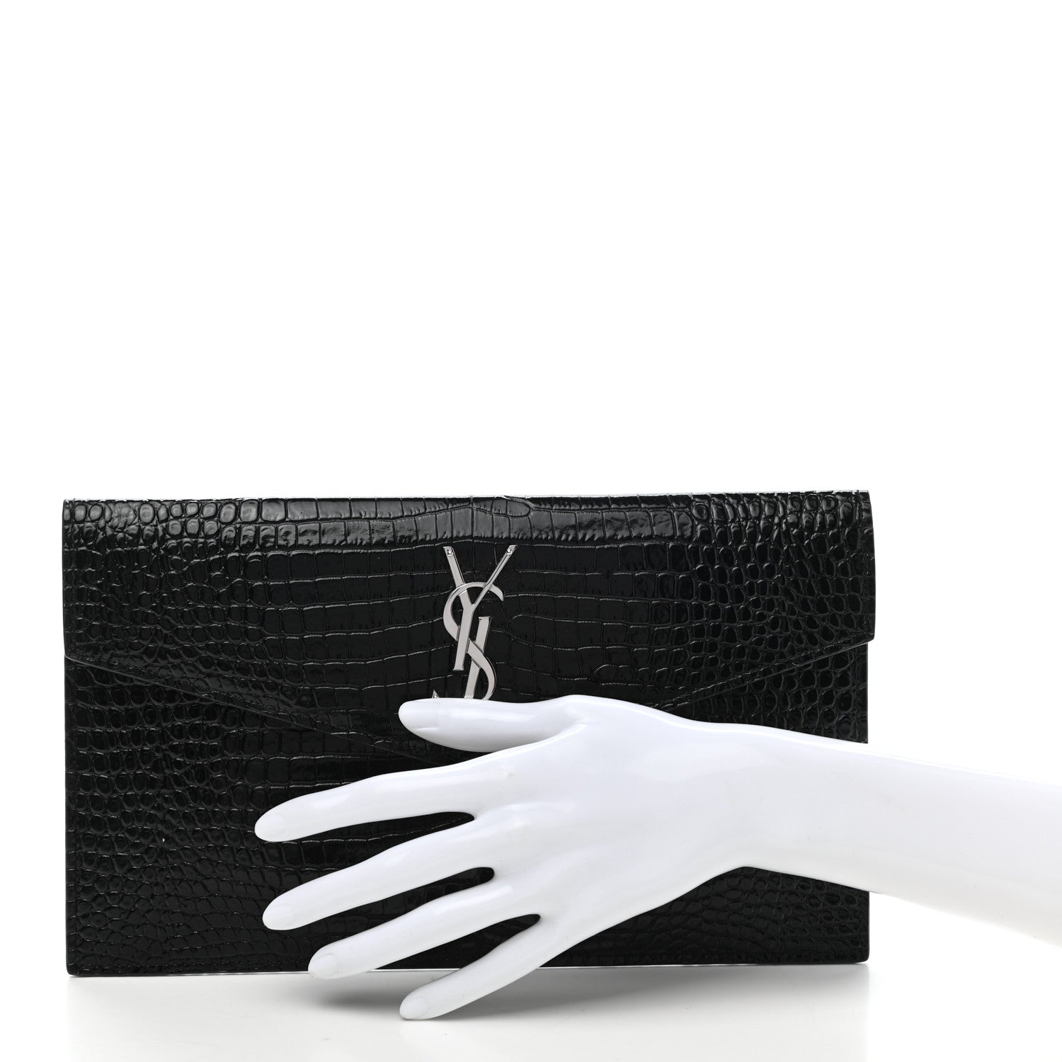 Saint Laurent Calfskin Crocodile Embossed Uptown Monogram Pouch Black 2 of 7