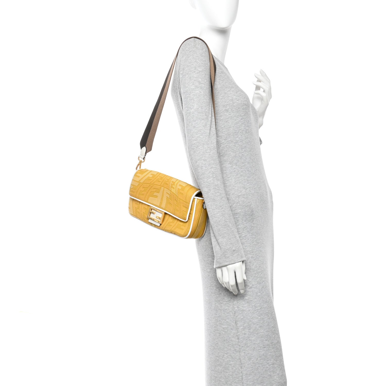 Fendi X SARA COLEMAN Canvas Vitello King Seta FF Fish Eye Embroidered Baguette Mostarda White Ice 2 of 15