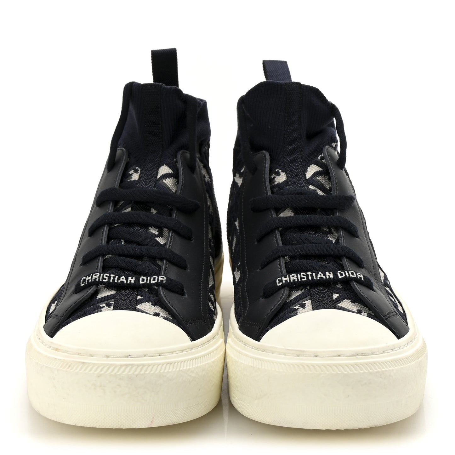 Technical Knit Calfskin Oblique Womens Walk'n Dior Mid Top Sneakers 38 Deep Blue