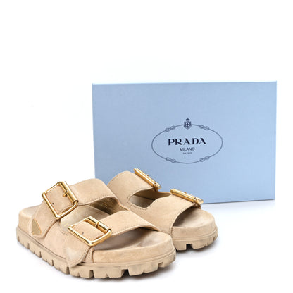 Prada Suede Metal Triangle Logo Womens Double Buckle 20mm Slide Sandals 36 Ecru 10 of 10