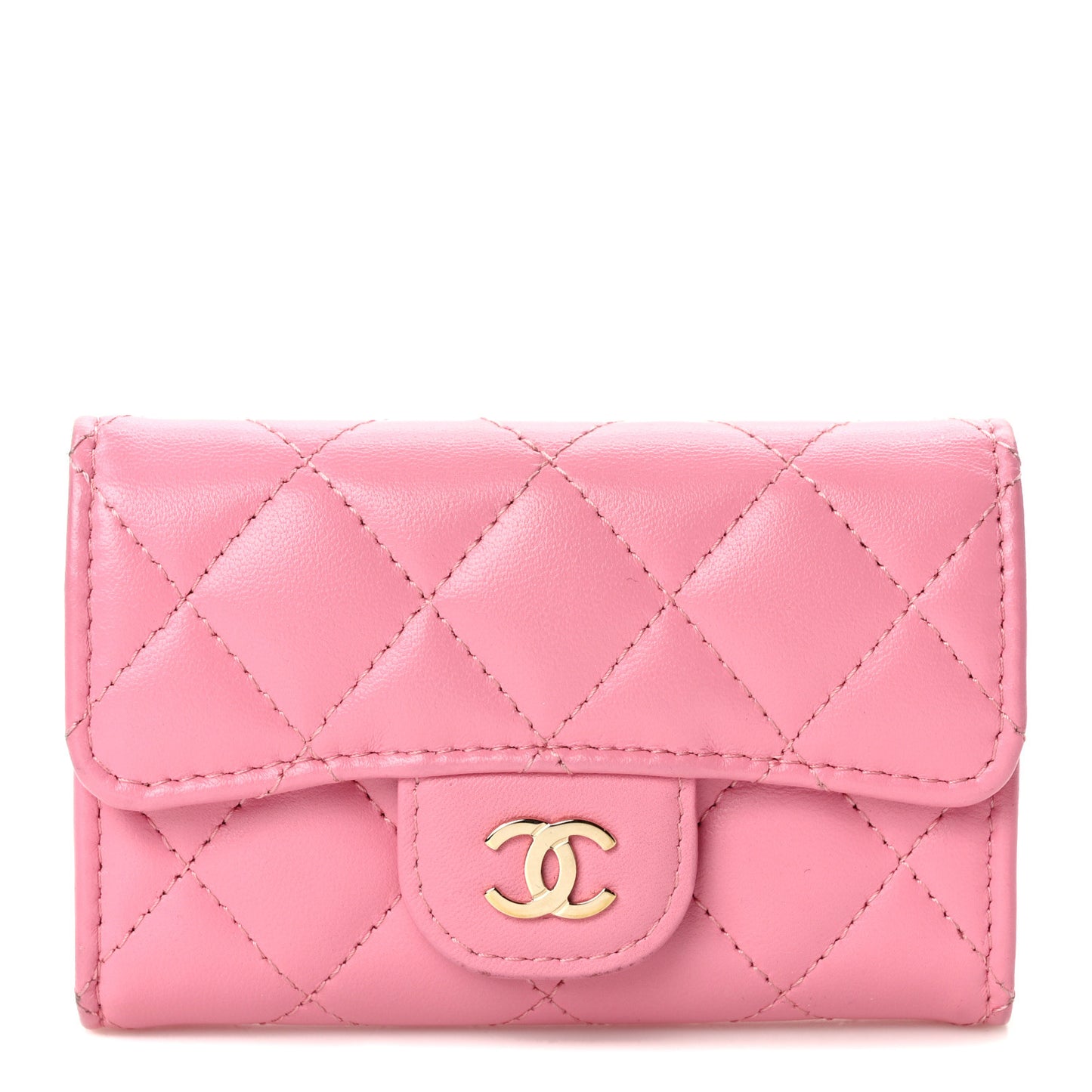 Lambskin Quilted Flap Card Holder Wallet Pink