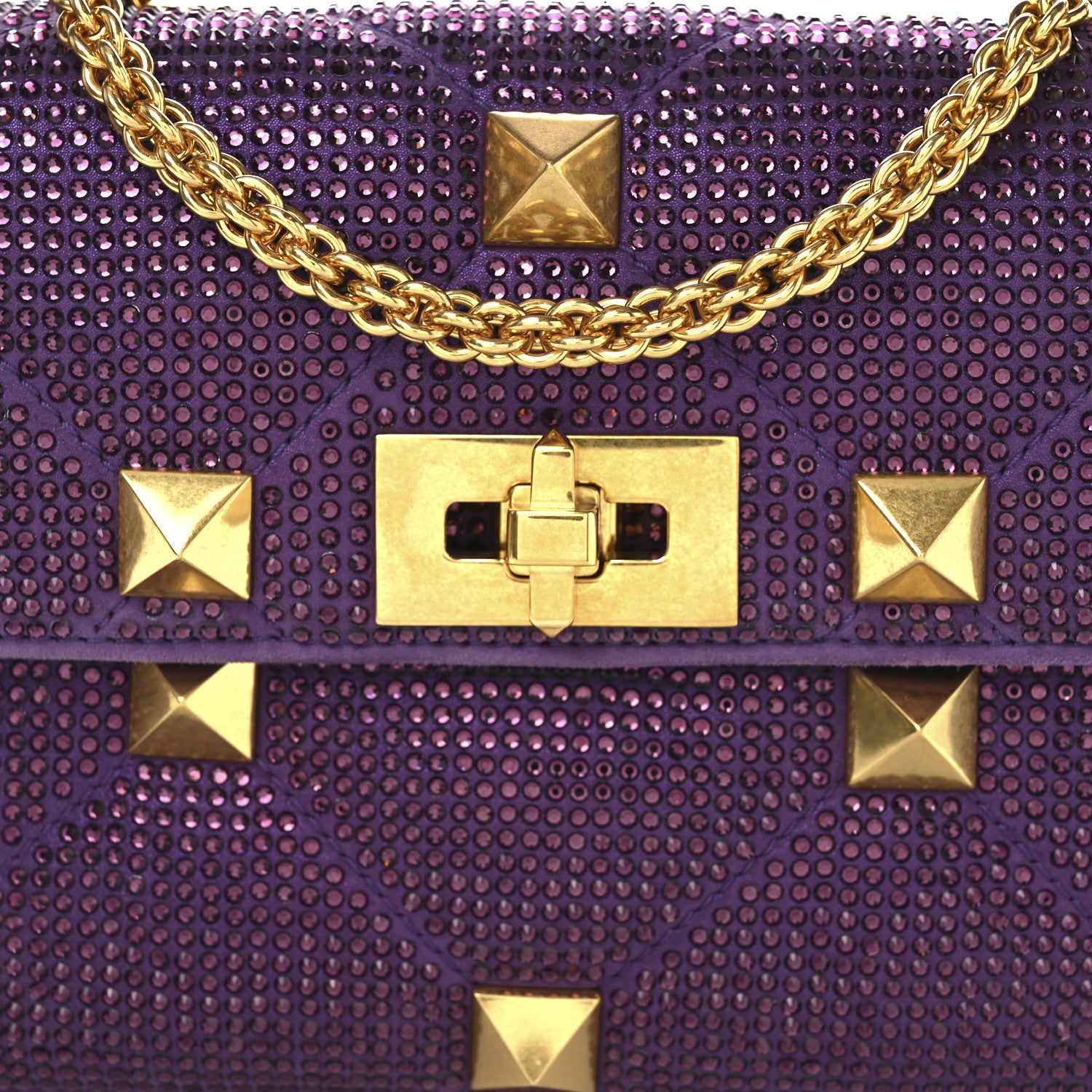 Valentino Garavani Crystal Suede Enamel Medium Roman Stud Shoulder Bag Purple 7 of 9