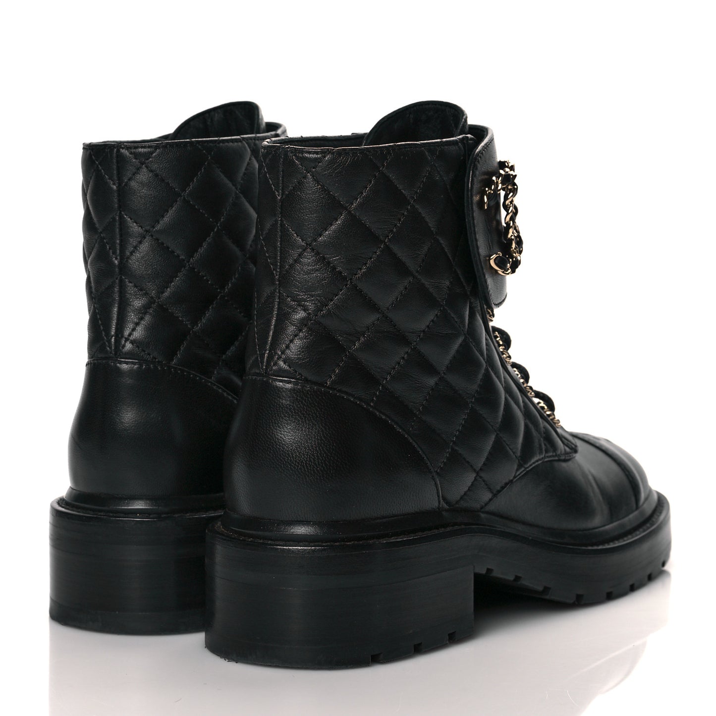 Shiny Lambskin Quilted Lace Up Combat Boots 36.5 Black