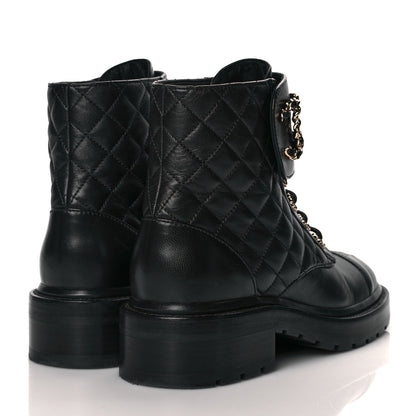 Chanel Shiny Lambskin Quilted Lace Up Combat Boots 36.5 Black 4 of 11