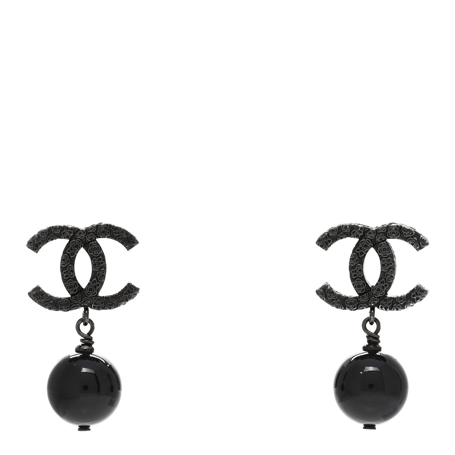 Chanel Pearl Bead CC Drop Camelia Earrings Black 1 of 4