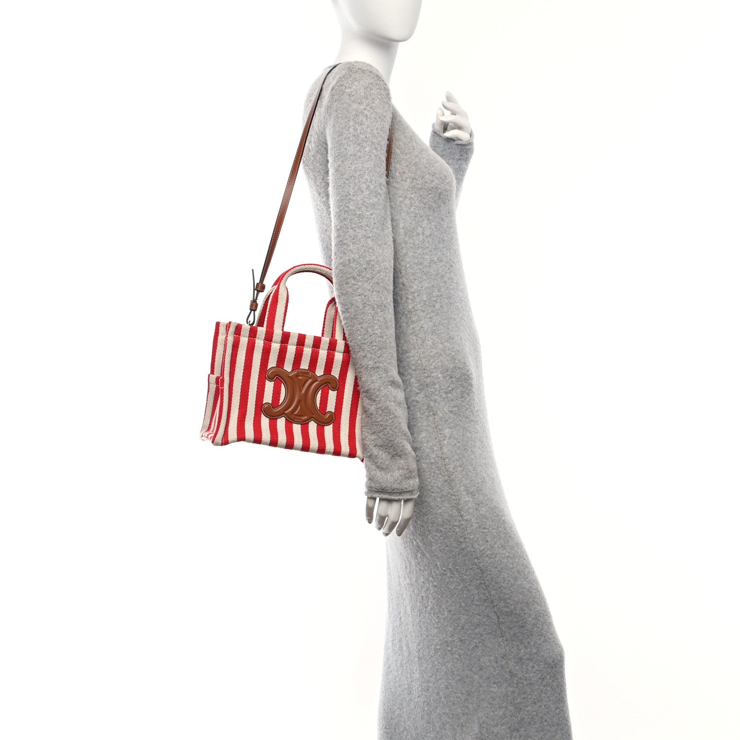 Celine Canvas Calfskin Striped Triomphe Small Cabas Thais Natural Red 2 of 9