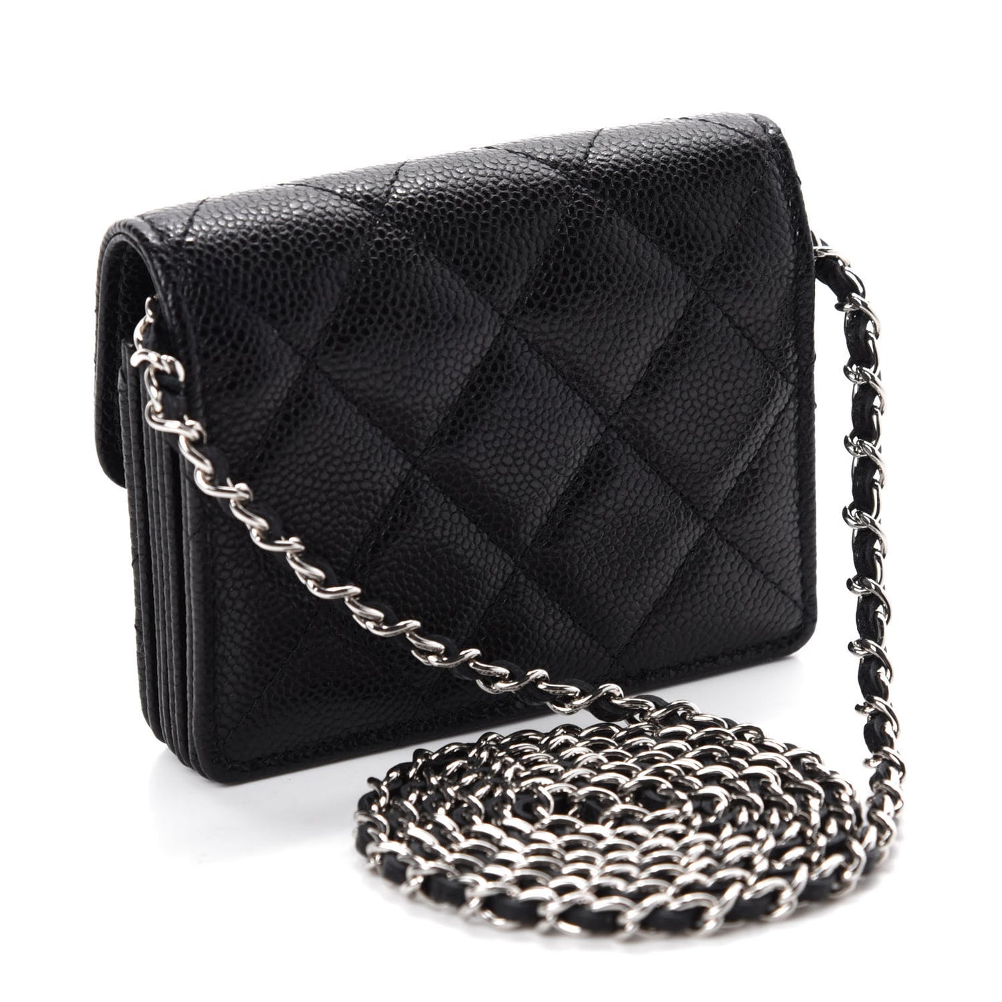 Caviar Quilted Flap Card Holder On Chain Black