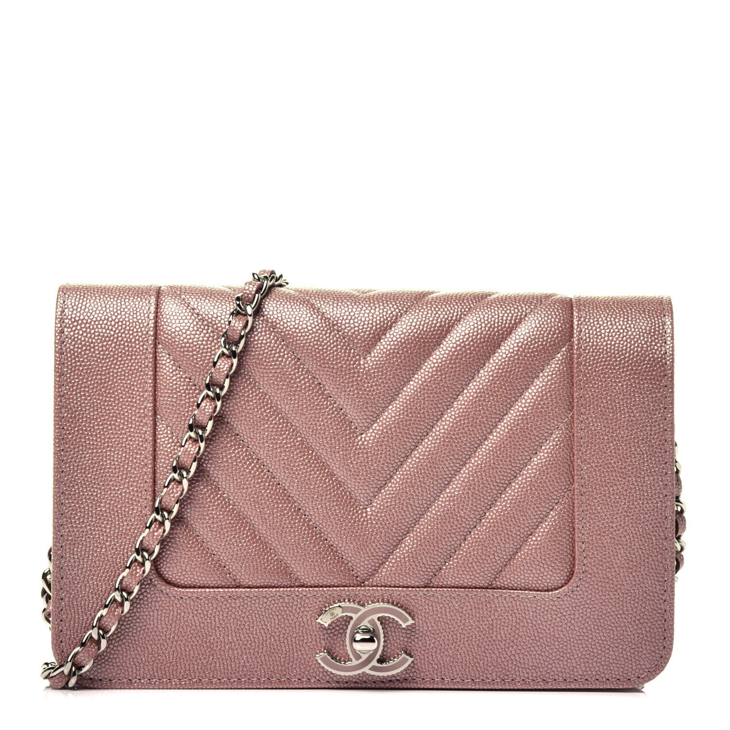 Chanel Metallic Caviar Chevron Quilted Vintage Mademoiselle Wallet On Chain WOC Pink 1 of 9