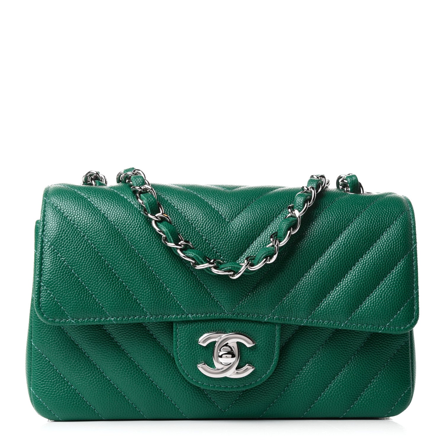 Chanel Caviar Chevron Quilted Mini Rectangular Flap Dark Green 1 of 11