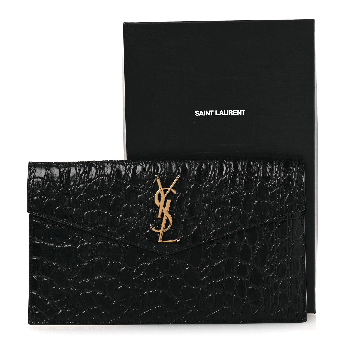 Calfskin Crocodile Embossed Uptown Monogram Clutch Black