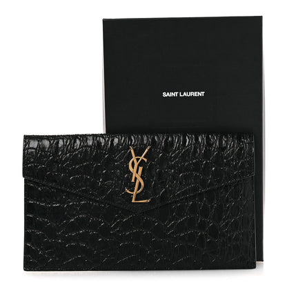Saint Laurent Calfskin Crocodile Embossed Uptown Monogram Clutch Black 8 of 8
