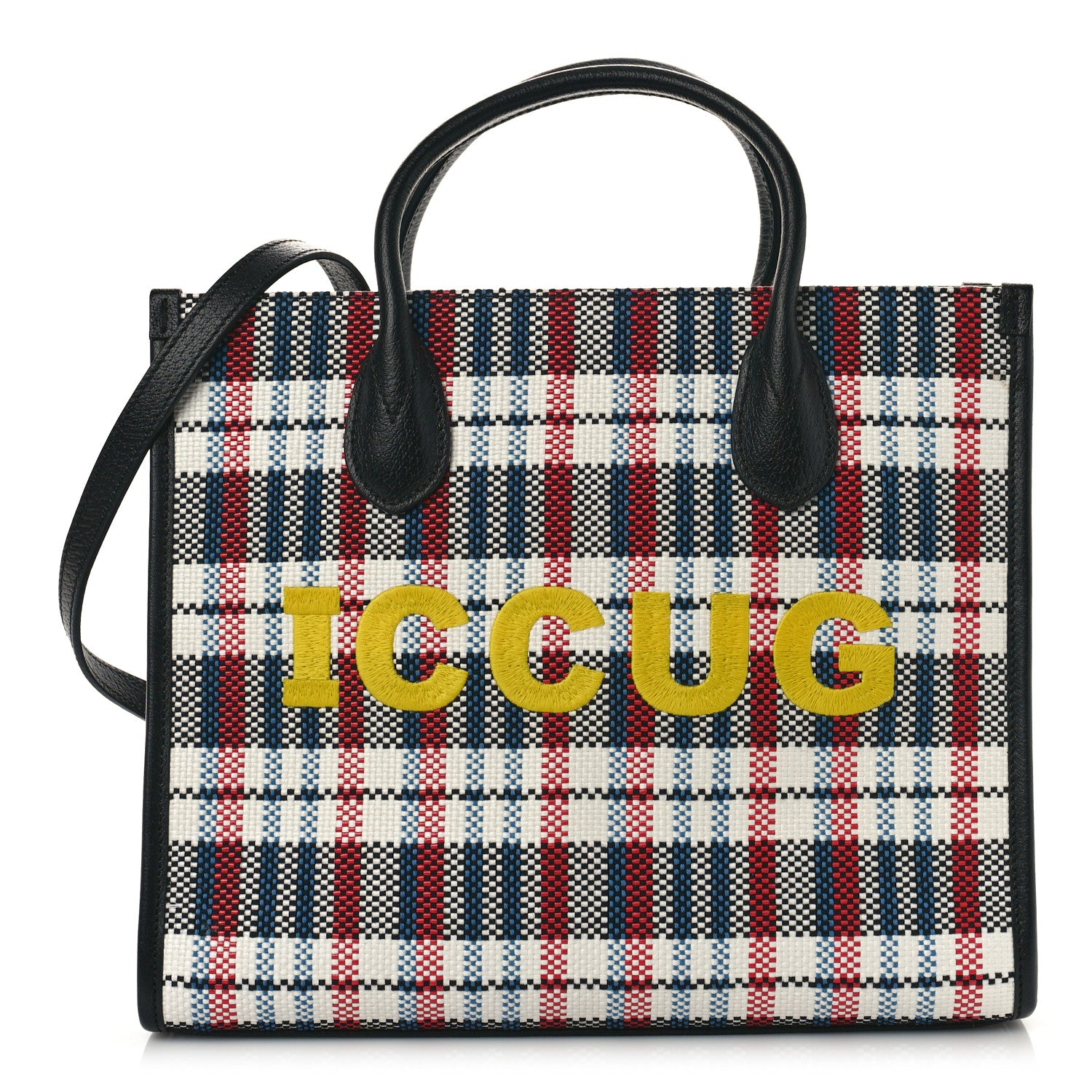 Gucci Canvas Plaid ICCUG Embroidered Small Tote Bag Black White Red Blue Smile Yellow 1 of 8
