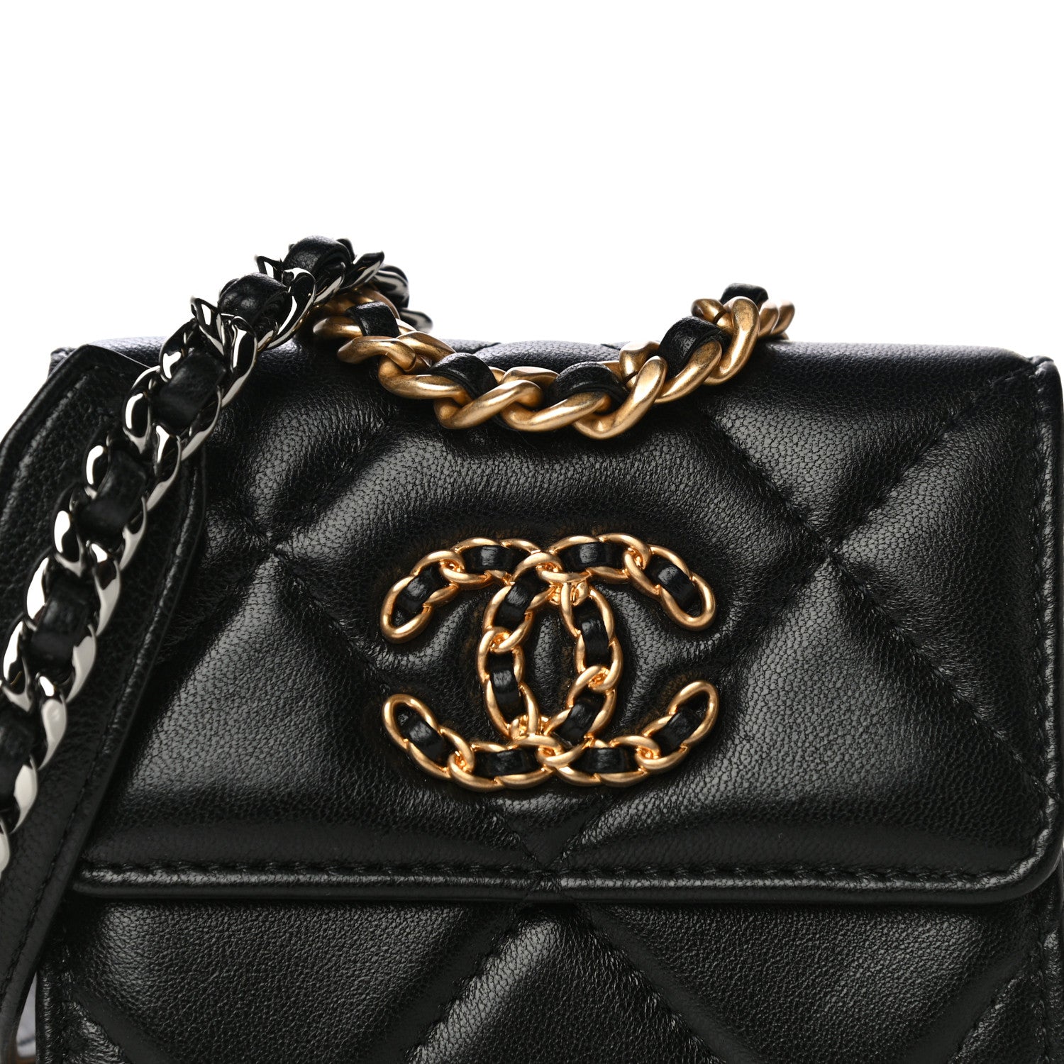 Chanel Shiny Goatskin Quilted 19 Flap Coin Purse With Chain Black 7 of 14