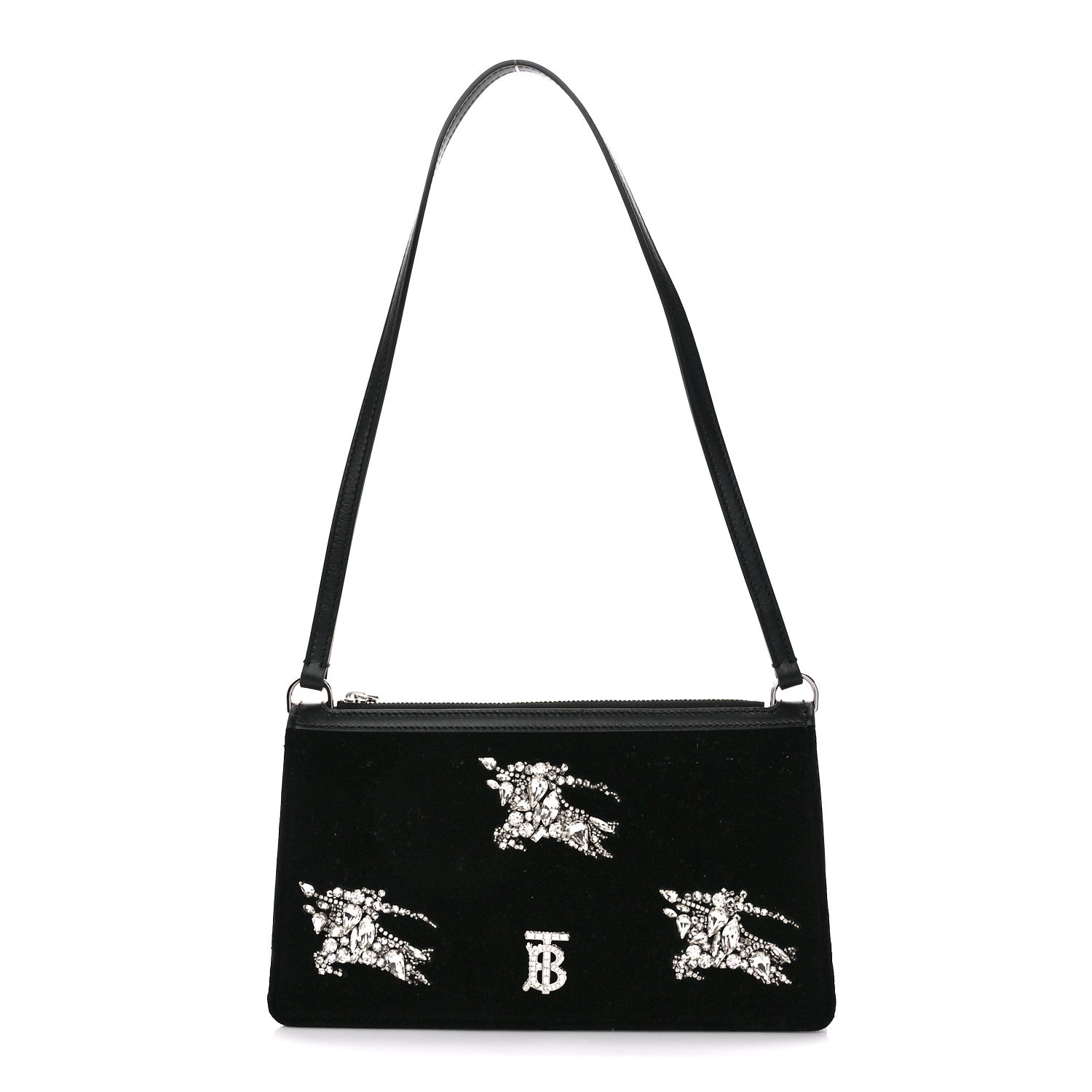 Burberry Velvet Crystal TB Equestrian Knight Shoulder Bag Black 1 of 9