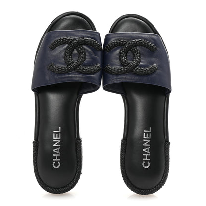 Chanel Lambskin CC Braided Mules 40 Navy Blue Black 2 of 10
