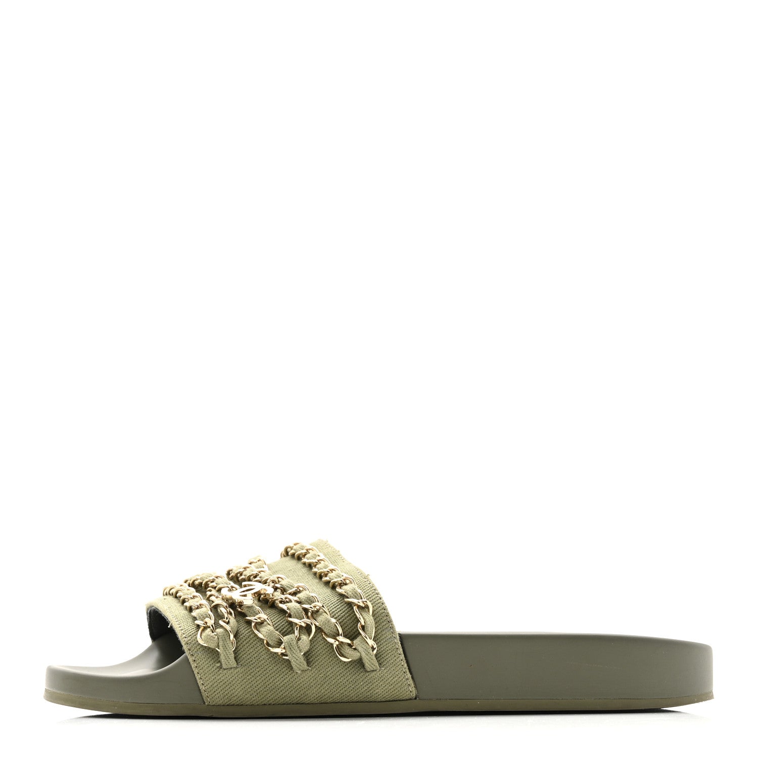 Chanel Canvas Chain Flat Sandals 37 Khaki 1 of 13