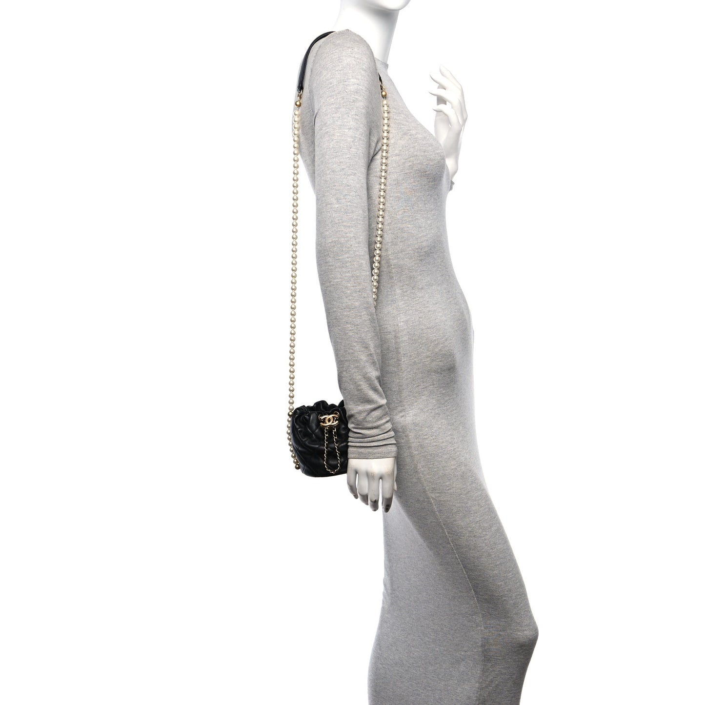 Calfskin Quilted Pearl Mini About Pearls Drawstring Bucket Bag Black