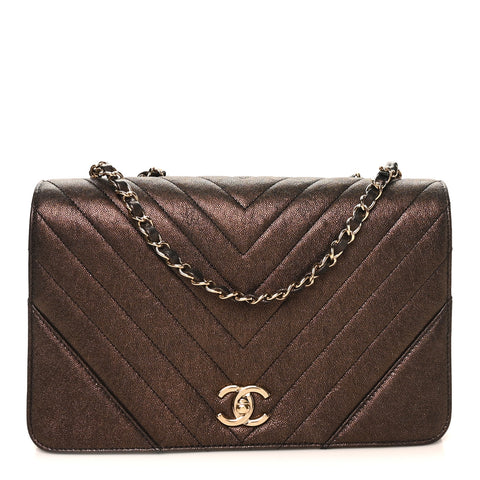 Metallic Caviar Chevron Quilted Medium Statement Flap Bronze