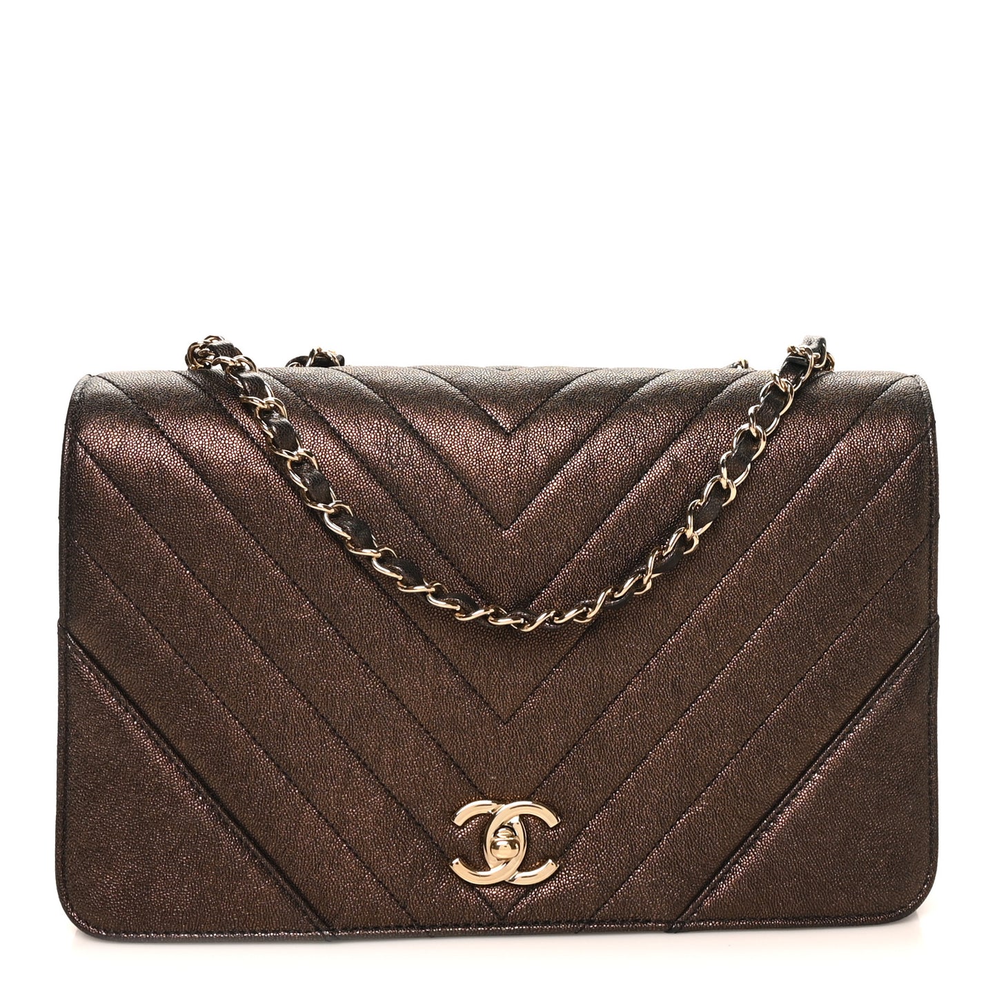 Metallic Caviar Chevron Quilted Medium Statement Flap Bronze