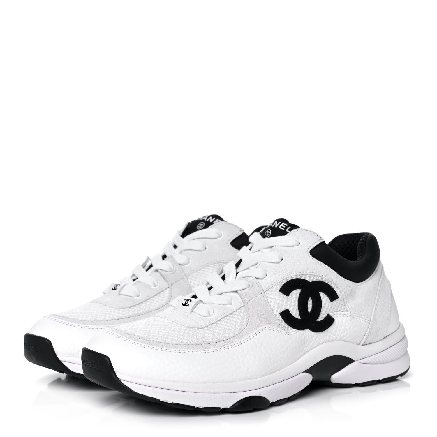 Chanel Mesh Suede Calfskin Grained Calfskin Womens CC Sneakers 39 White Black 3 of 10