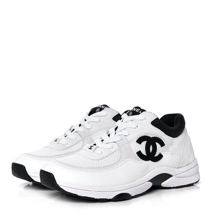 Chanel Mesh Suede Calfskin Grained Calfskin Womens CC Sneakers 39 White Black 3 of 10