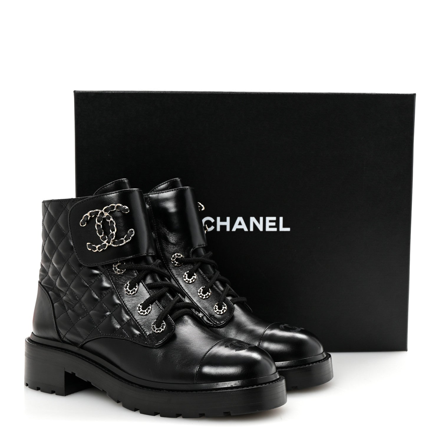 Chanel Shiny Lambskin Quilted Lace Up Combat Boots 39 Black 10 of 10